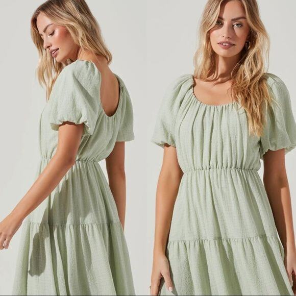 ASTR the Label Smocked Tiered Midi Dress Womens Medium Celery Green Puff Sleeve - Picture 4 of 11